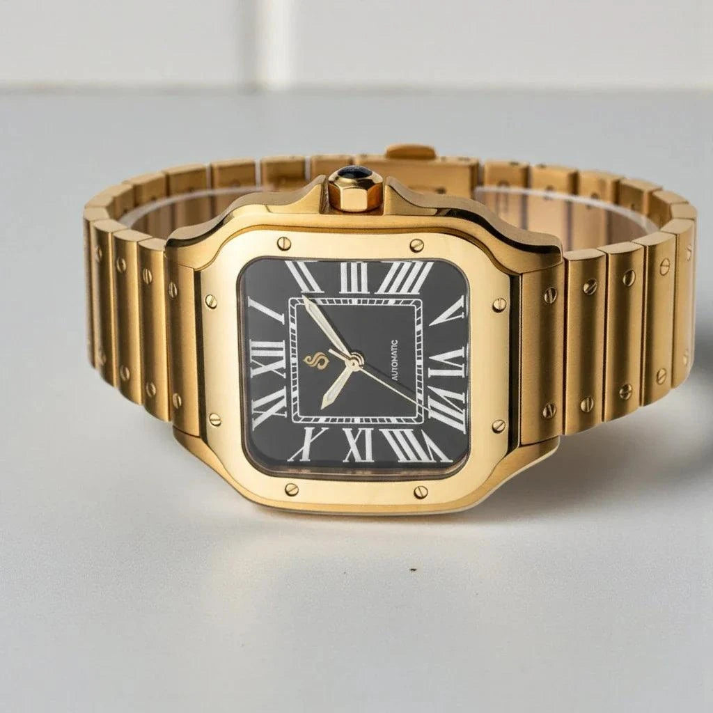 Santeiko gold case Seiko Mod watch with black dial and stainless steel bracelet by Modtime