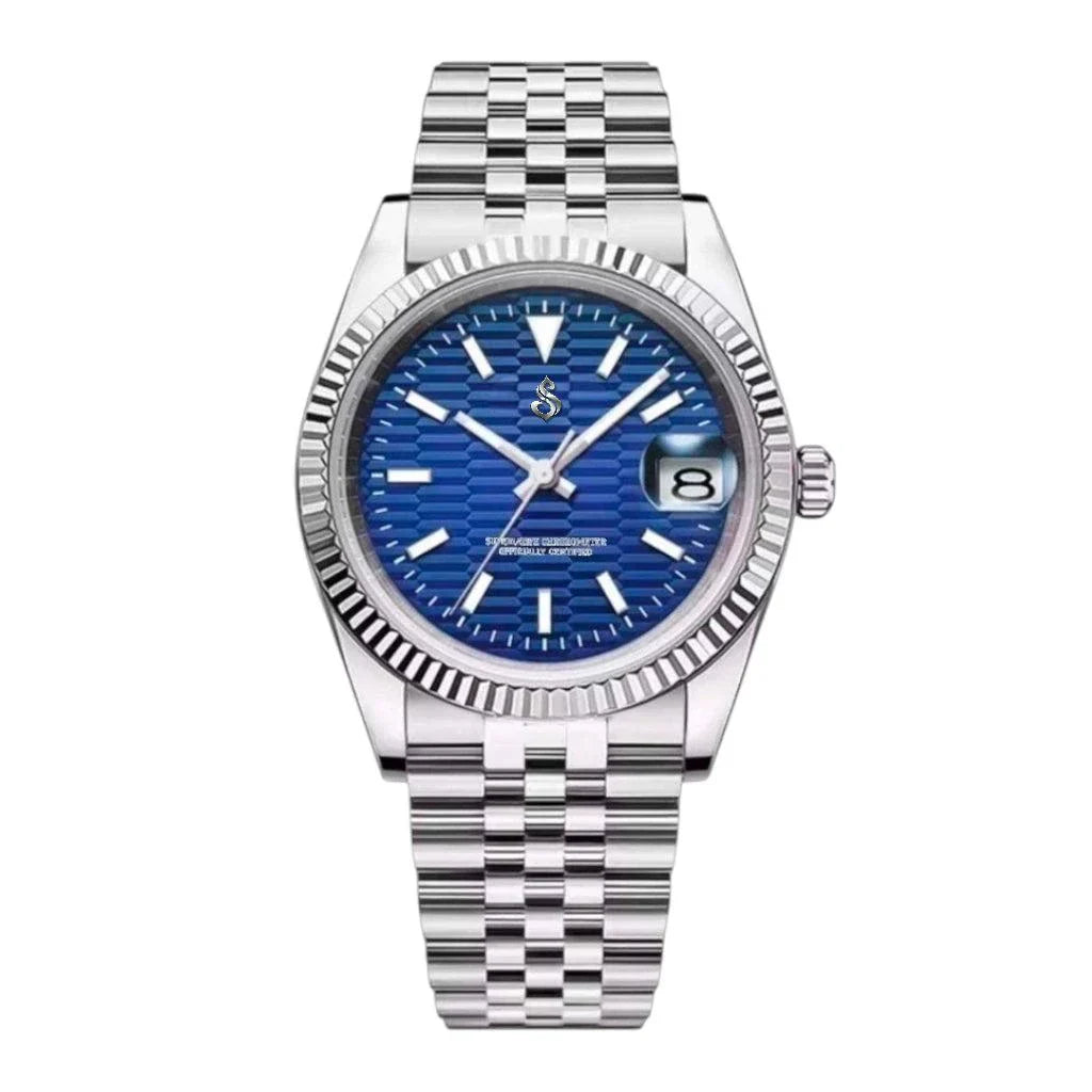 SeikJust Seiko Mod luxury watch with blue ripple dial and date window by Modtime Creations