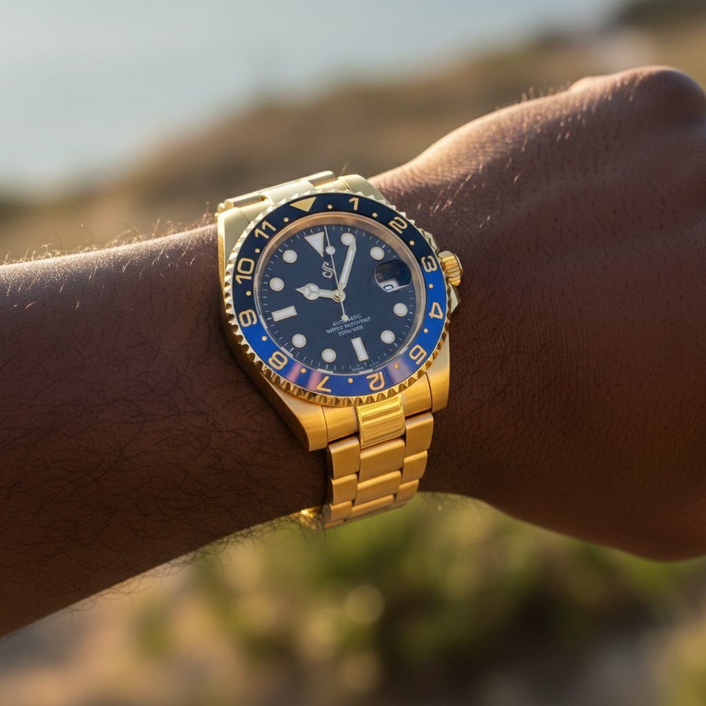 Seikmariner Gold Batman Seiko Mod luxury diver watch with blue and black bezel