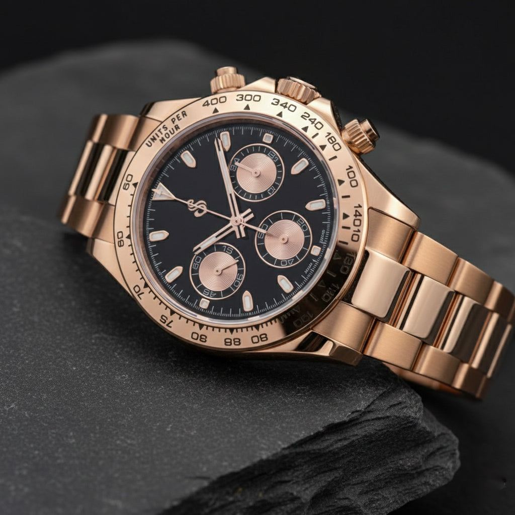 Seitona Rose Gold Black Dial luxury mod chronograph watch with stainless steel bracelet and sapphire crystal glass