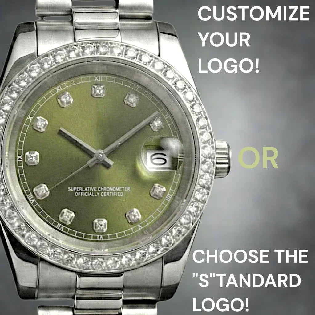 Seiko Mod olive green dial watch with bling bezel and date window by Modtime Creations