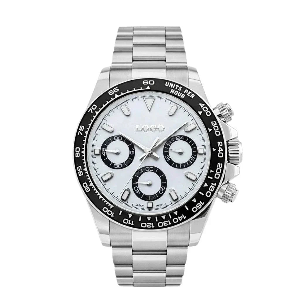 Seitona Black and White Panda Dial Seiko Mod luxury chronograph watch with stainless steel bracelet