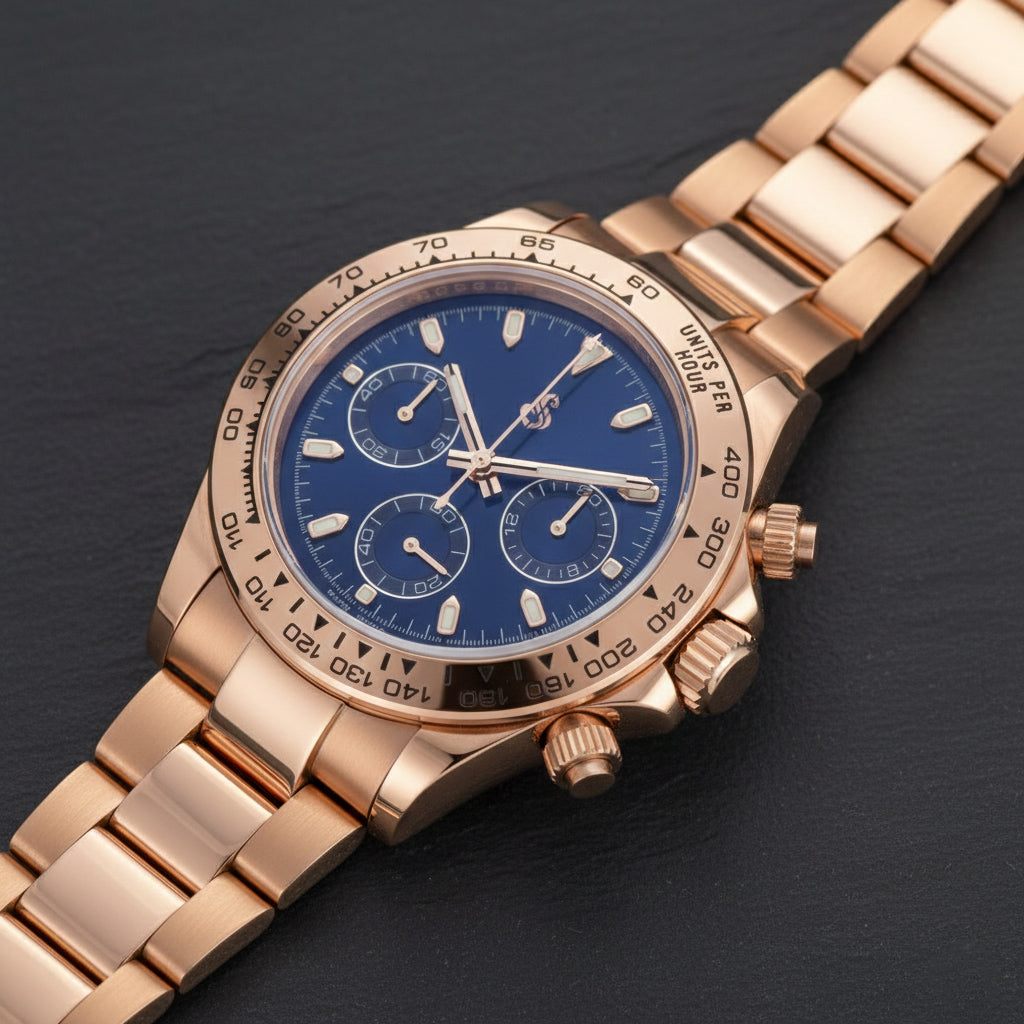 Seitona rose gold and blue dial Seiko mod chronograph watch by Modtime