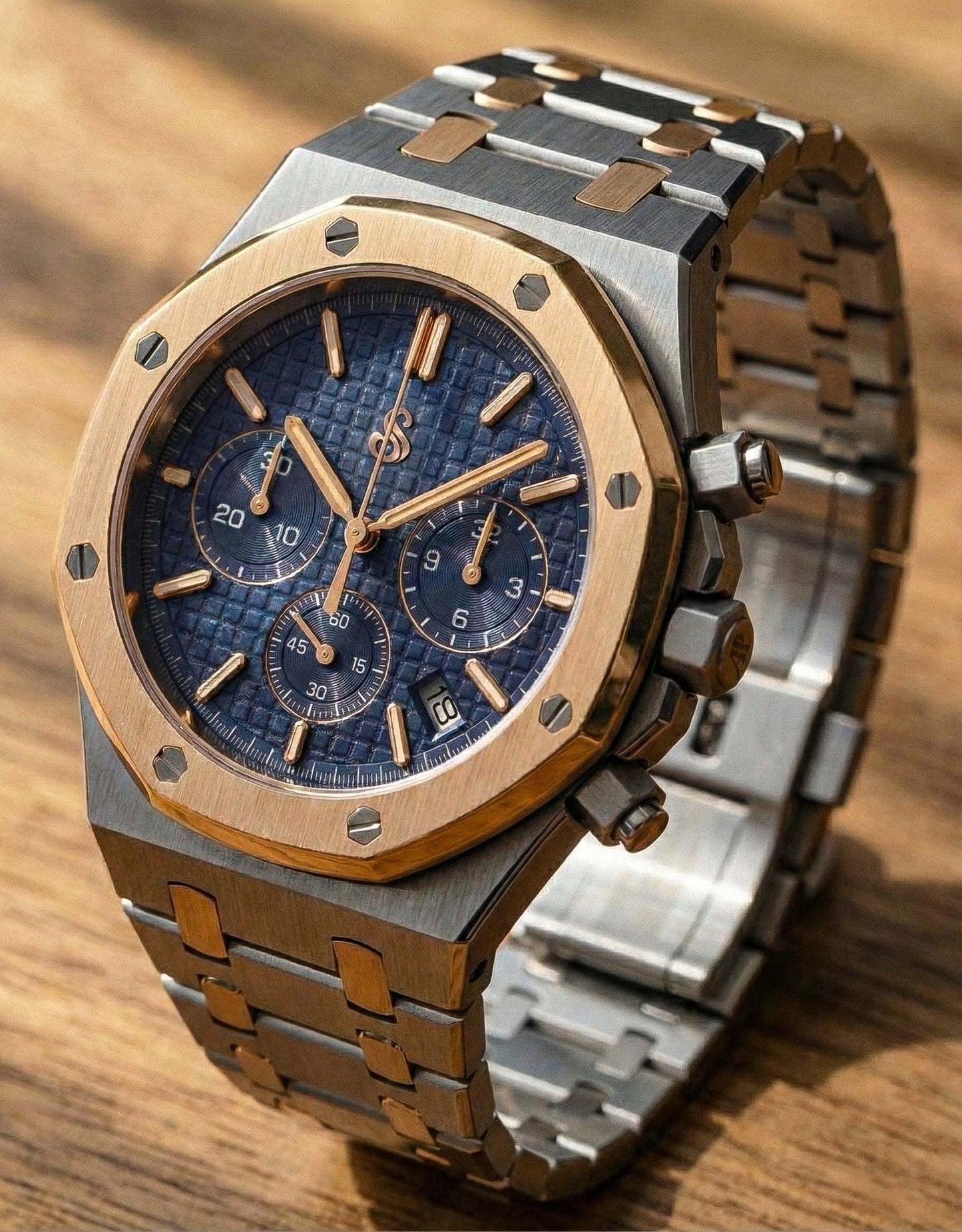 Modded Seiko Heritage Oak chronograph watch with two-tone blue dial and stainless steel bracelet