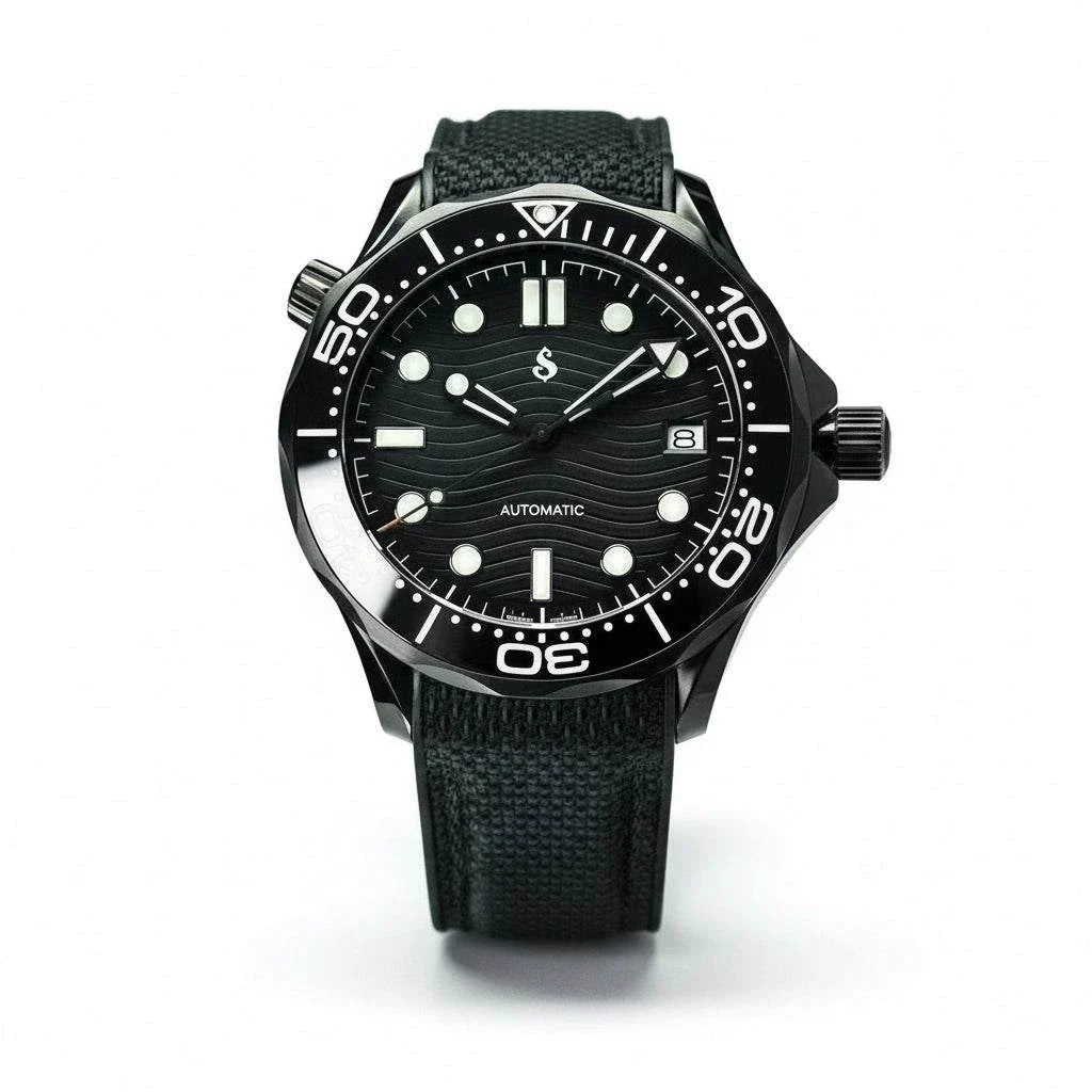 Seiko mod stealth black dial luxury diver watch with rubber bracelet and NH35 automatic movement