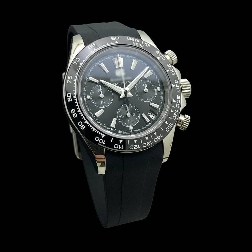 Grand Seitona black dial Seiko mod chronograph watch with stainless steel bracelet