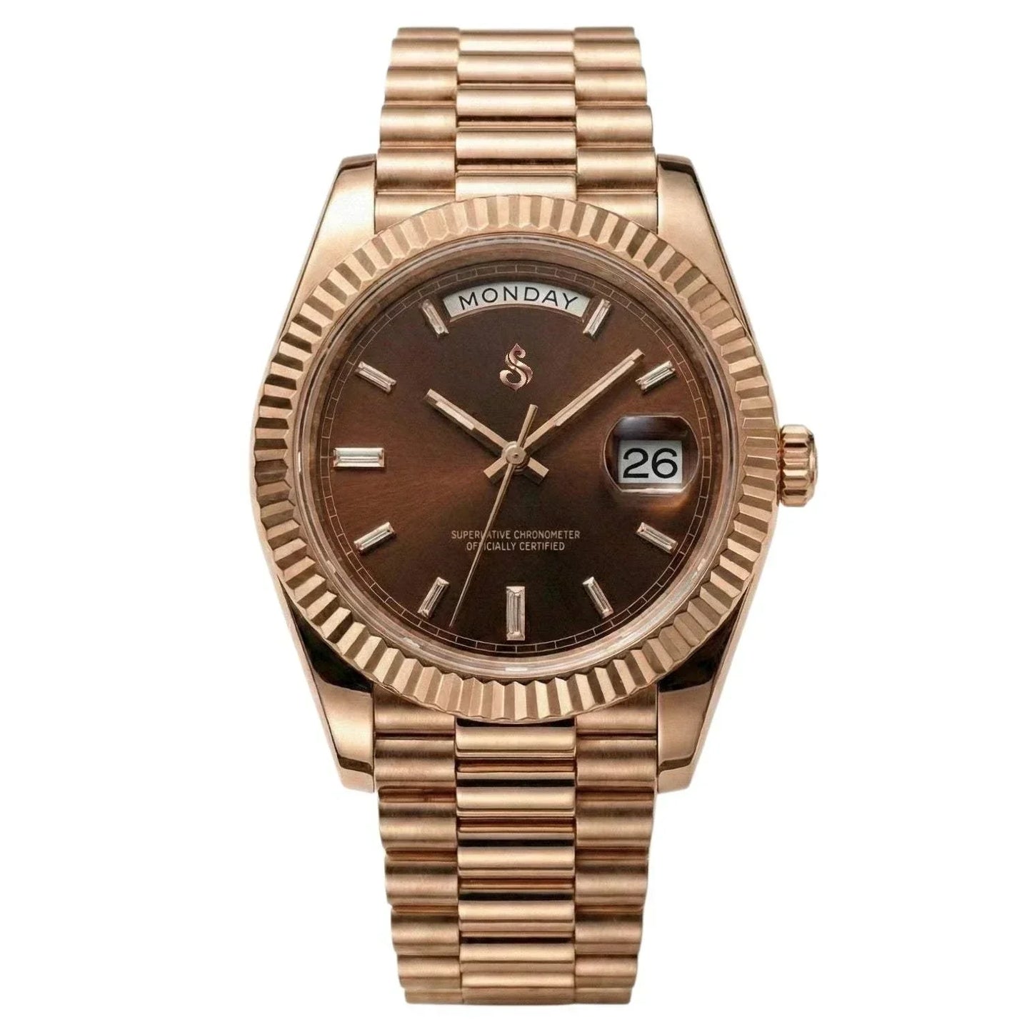 Modtime Day & Date rose gold watch with chocolate dial and Miyota 8285 automatic movement