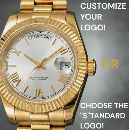 Gold Modded Seiko watch with white Roman numerals dial and day-date display by Modtime Creations