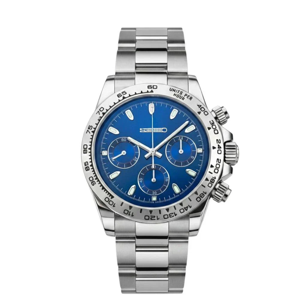 Seiko Mod Seitona luxury chronograph with blue dial and silver stainless steel case