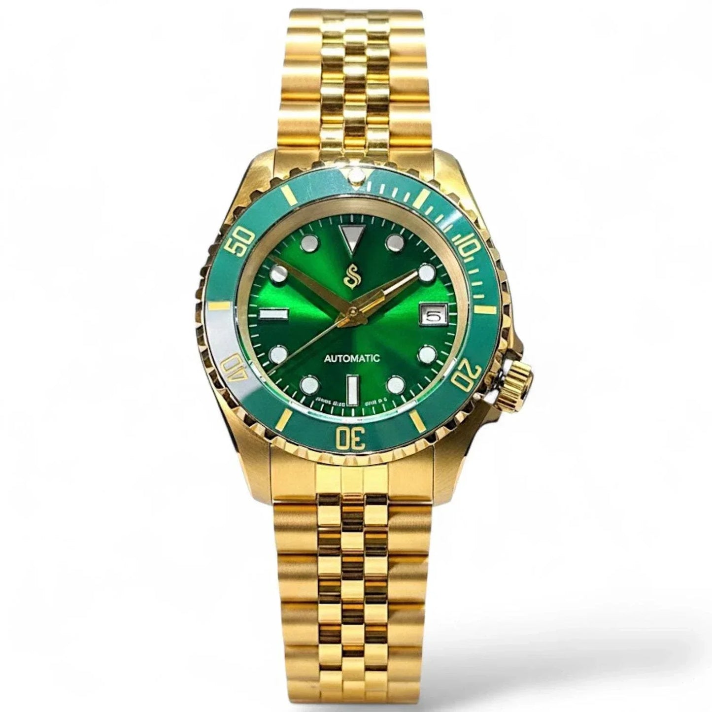 Seiko Mod Submariner Green Gold luxury diver watch with NH35 automatic movement and sapphire crystal