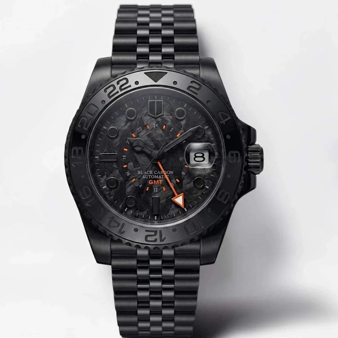 Seiko Mod Submariner GMT Carbon Fiber Stealth Black Orange watch built by Modtime Creations 