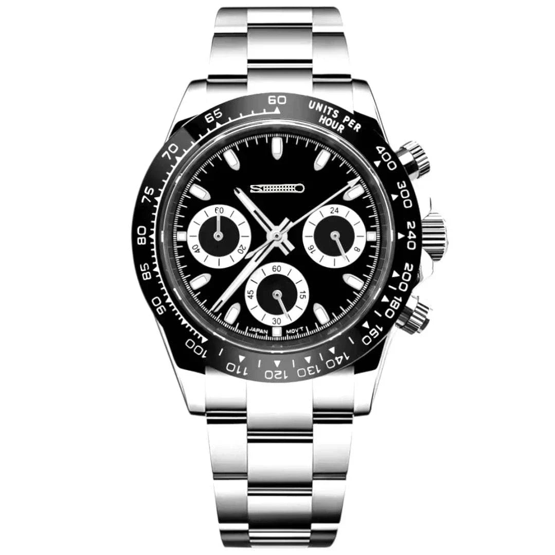 Seitona Black Panda Seiko Mod chronograph watch with black and white dial, stainless steel case and bracelet