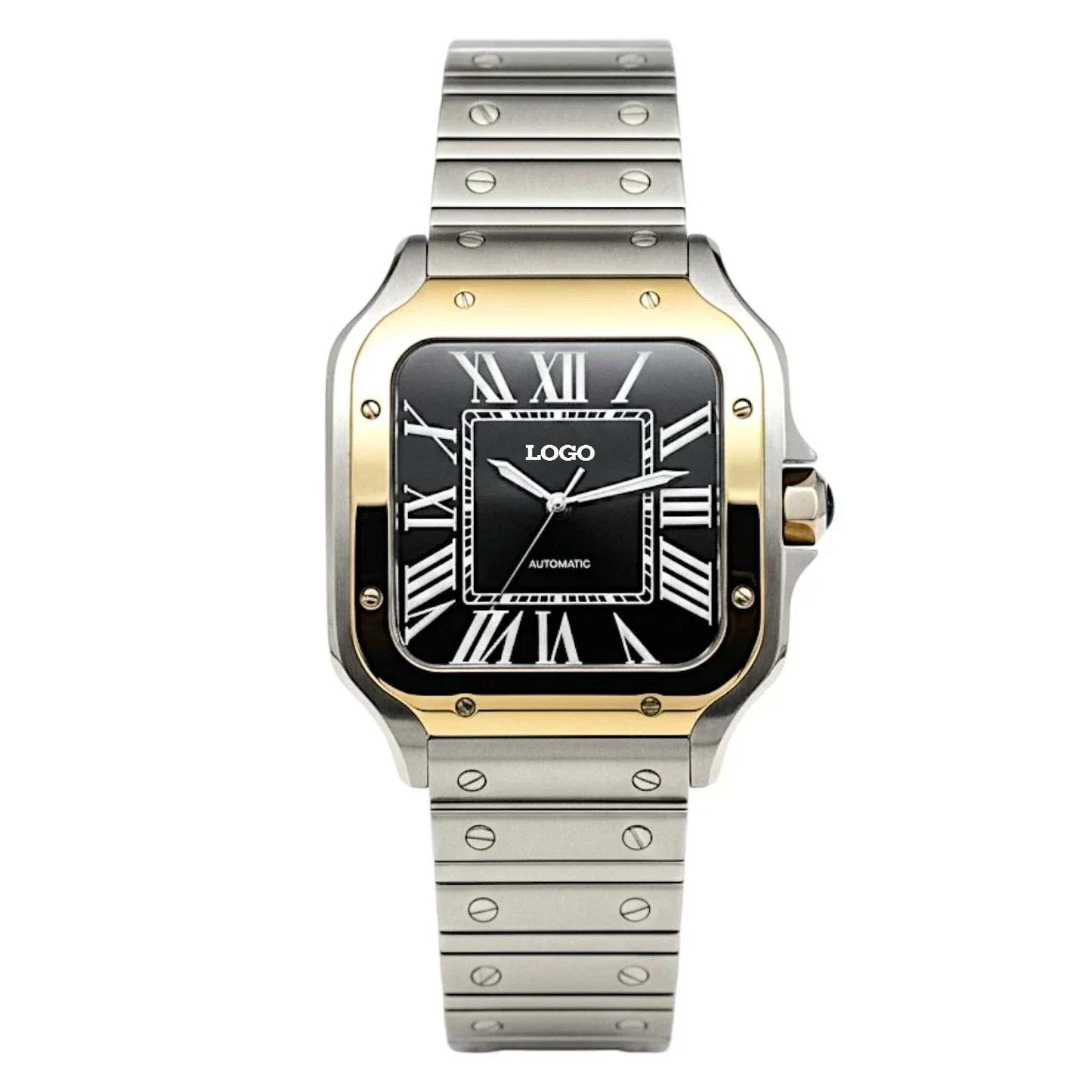 Santieko two tone Seiko Mod watch with black dial and stainless steel case by Modtime Creations