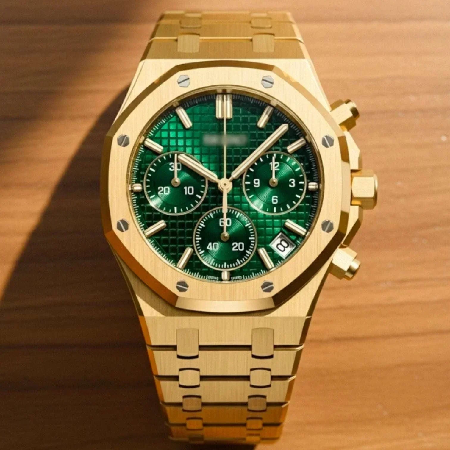 Heritage Oak modded Seiko chrono watch with green dial and stainless steel bracelet