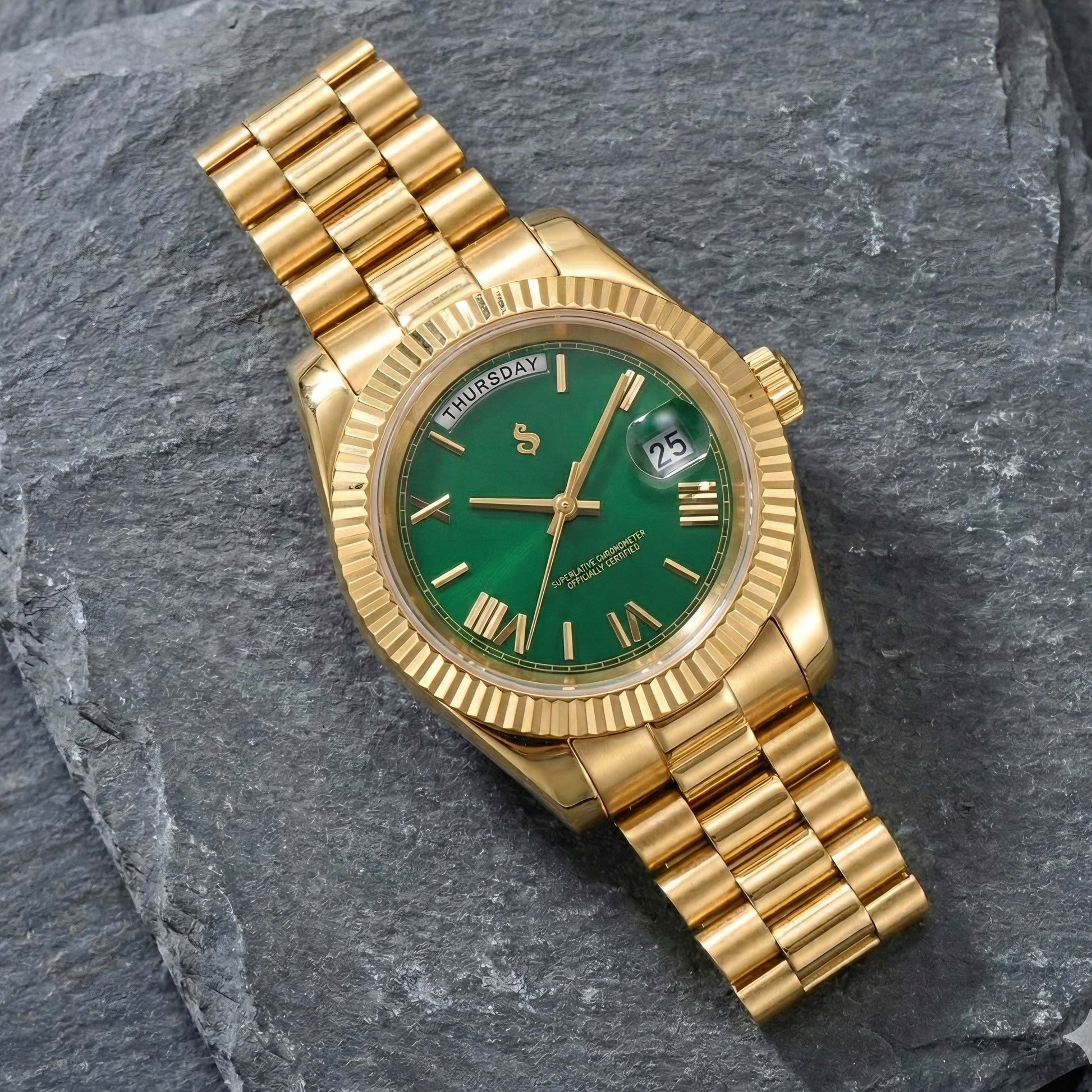 Modtime Modded Seiko watch with green numerals day and date dial