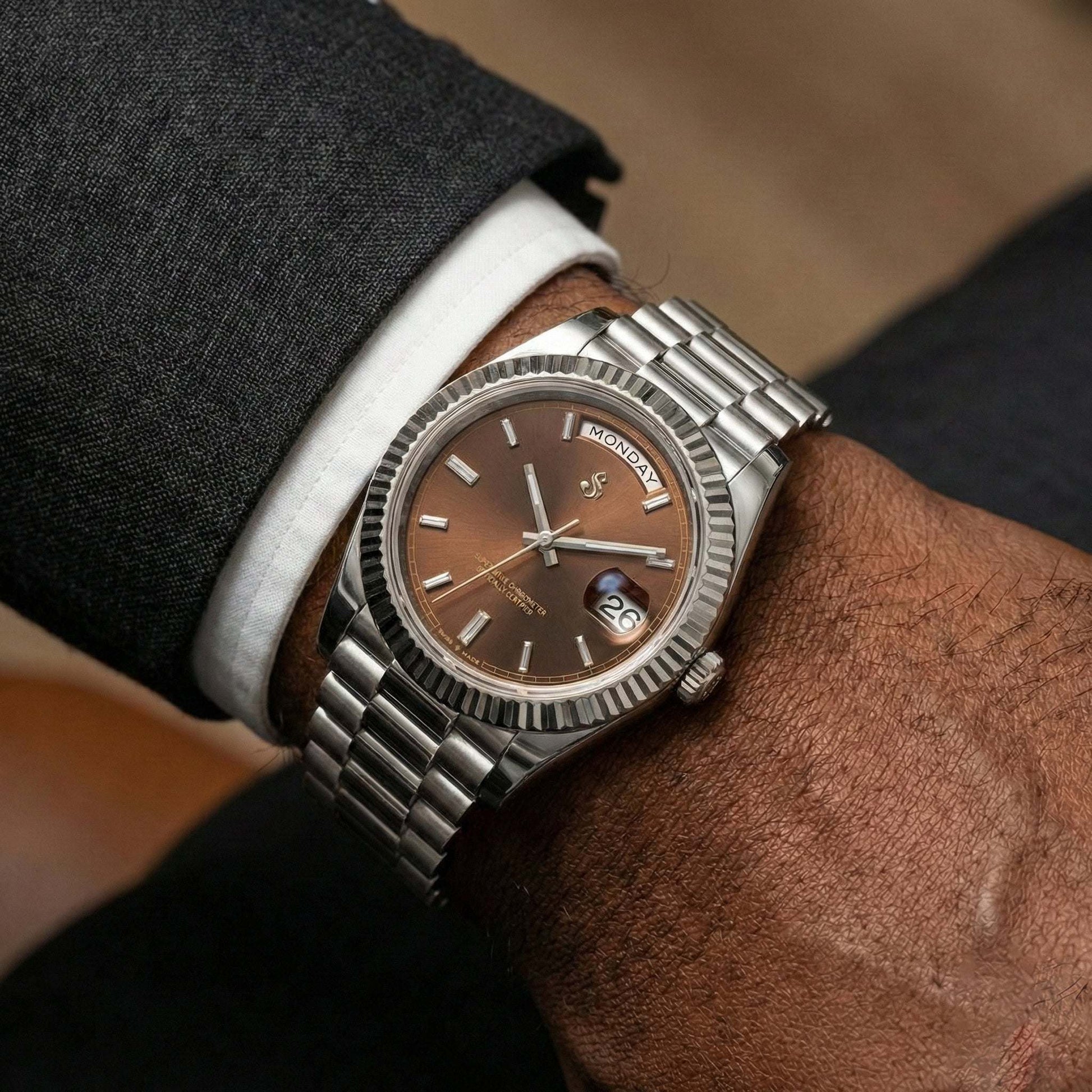 Modtime Creations modded Seiko watch with day and date chocolate dial silver case