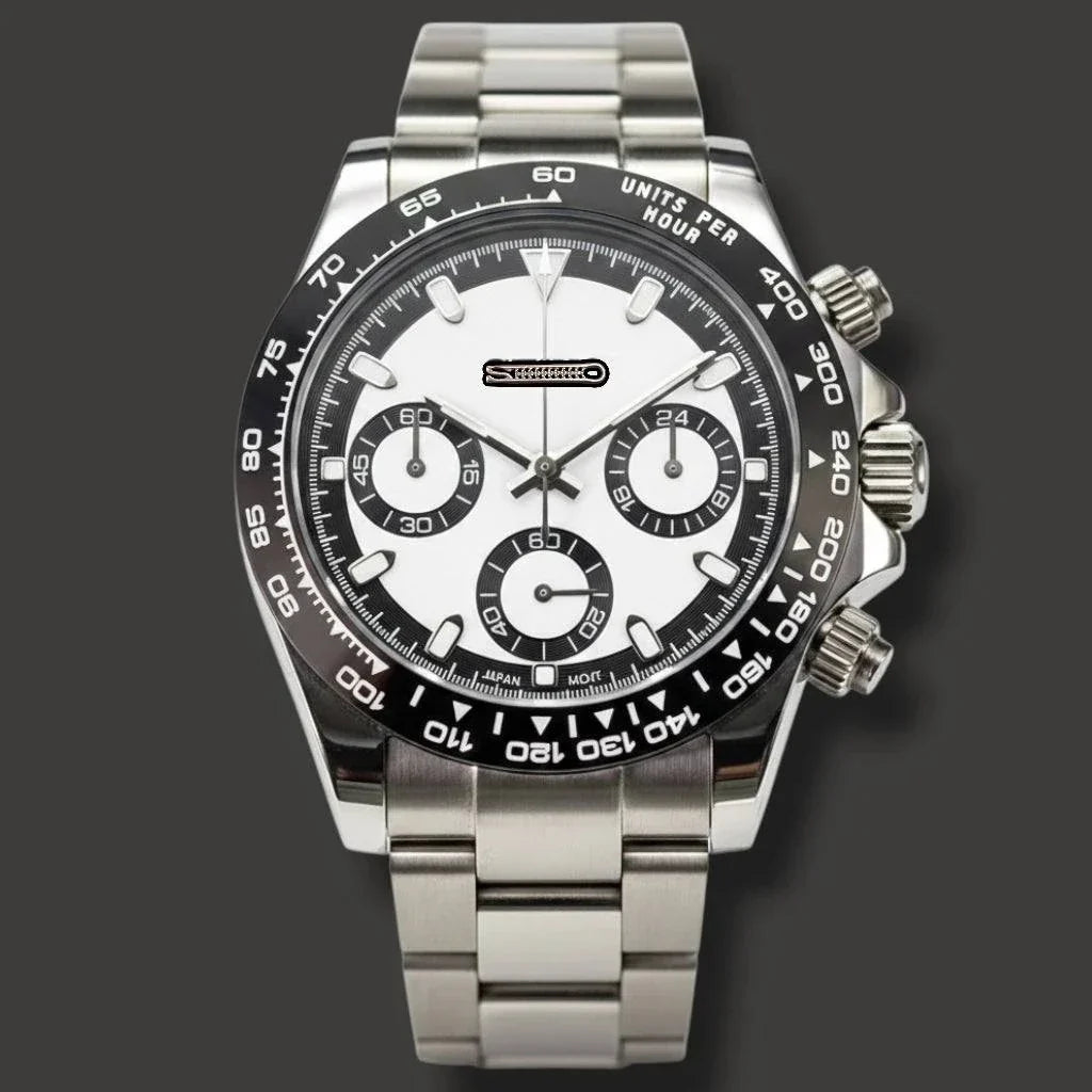 Seitona White Seiko Mod luxury chronograph watch with black dial and stainless steel case