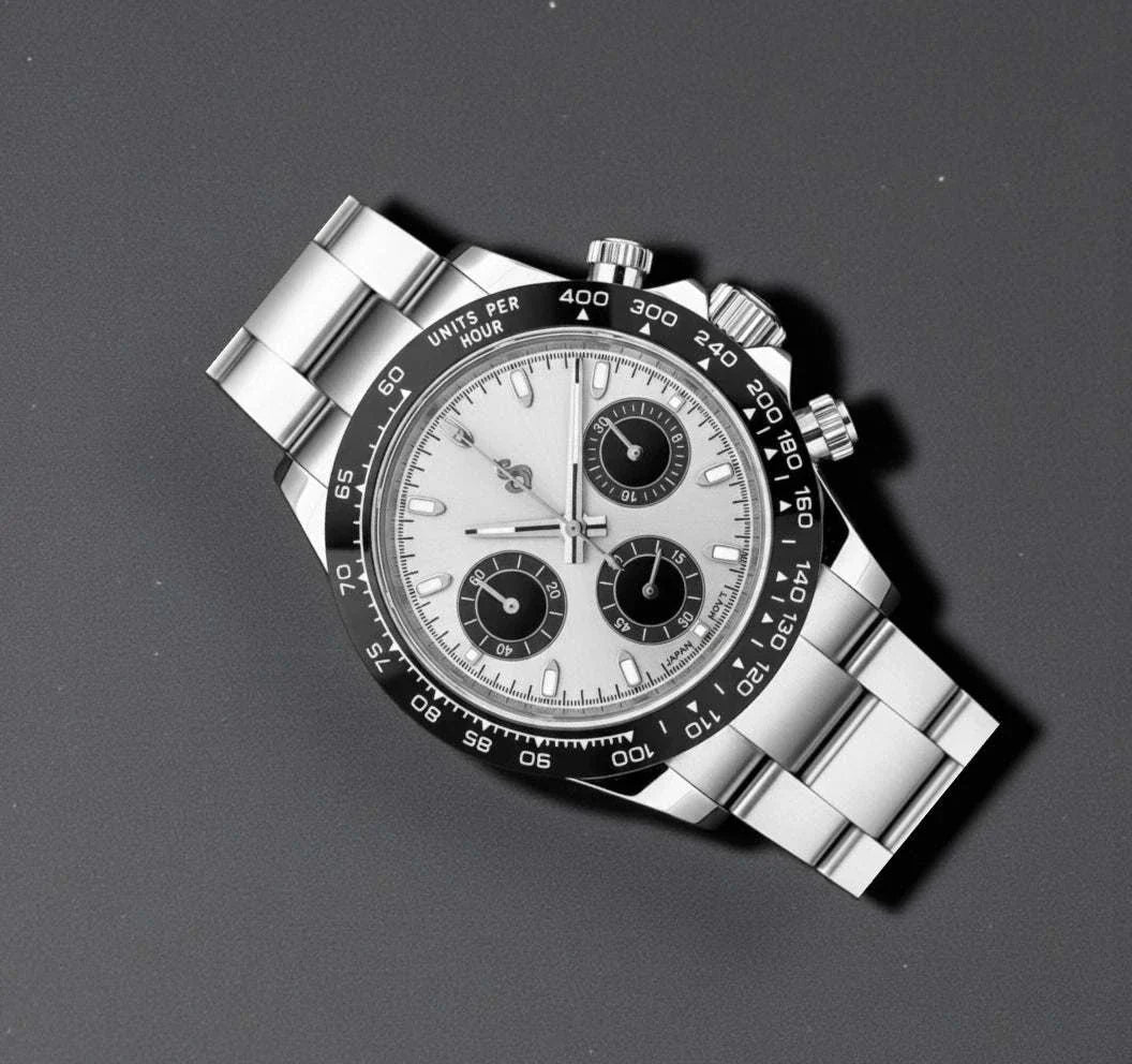 Seitona Silver Black Dial Seiko Mod chronograph watch with stainless steel bracelet