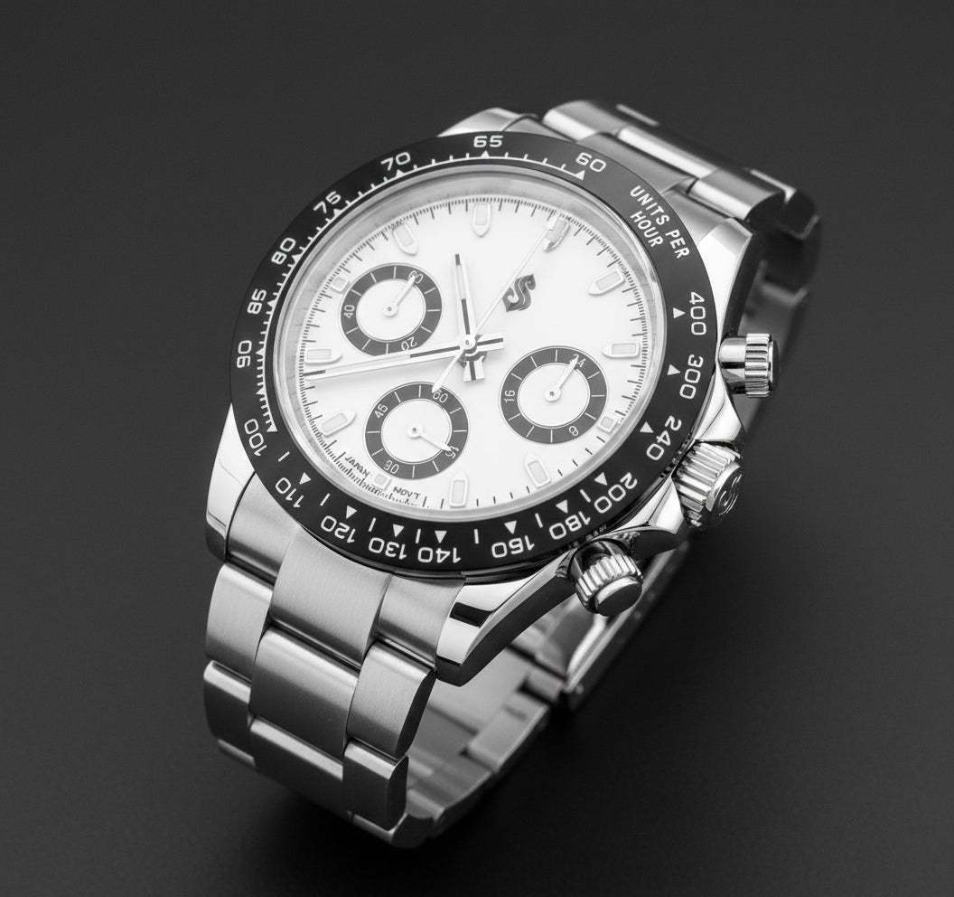 Seiko Mod Seitona Black and White Panda Dial luxury chronograph watch with stainless steel bracelet