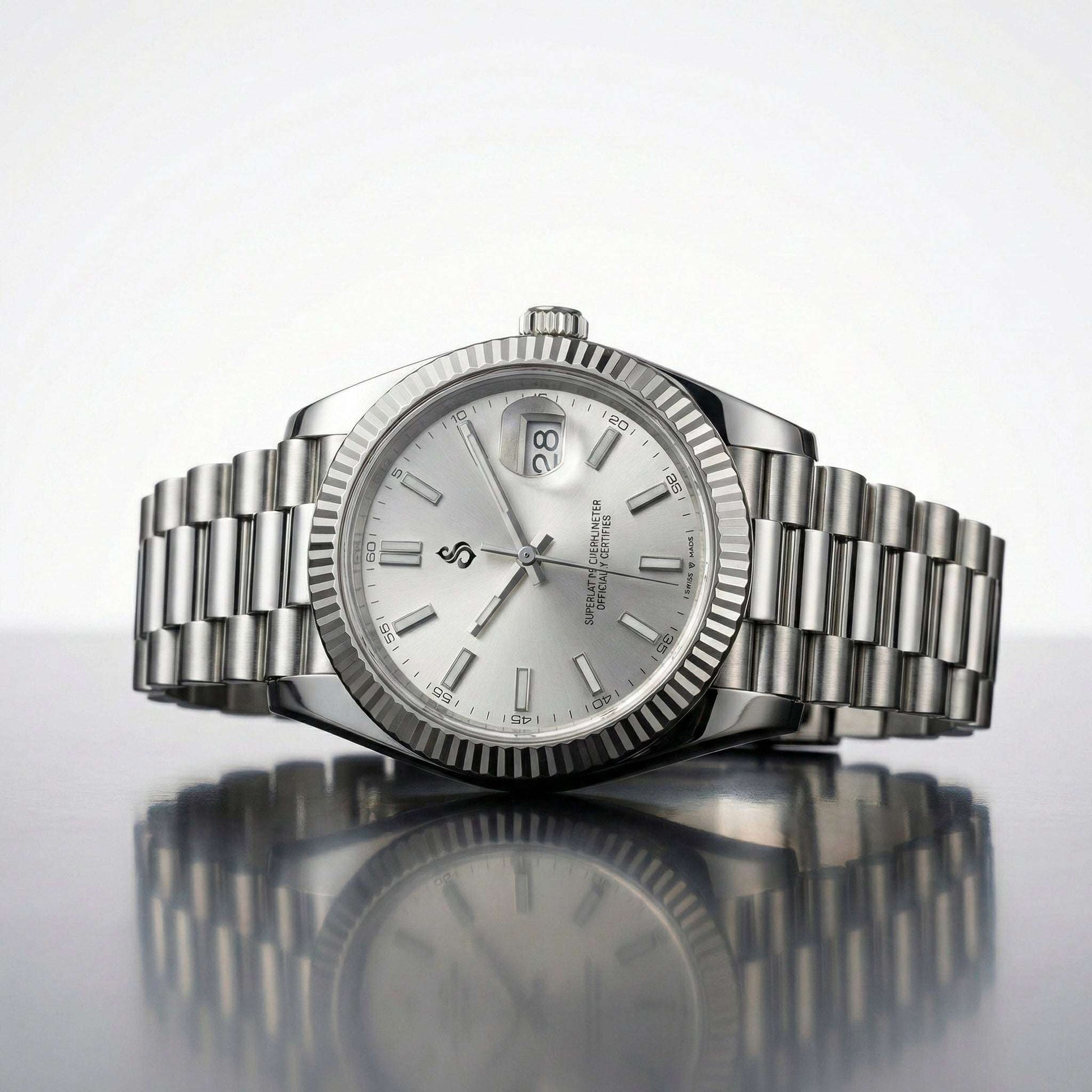 Seiko Mod luxury watch with silver white dial and date window by Modtime Creations