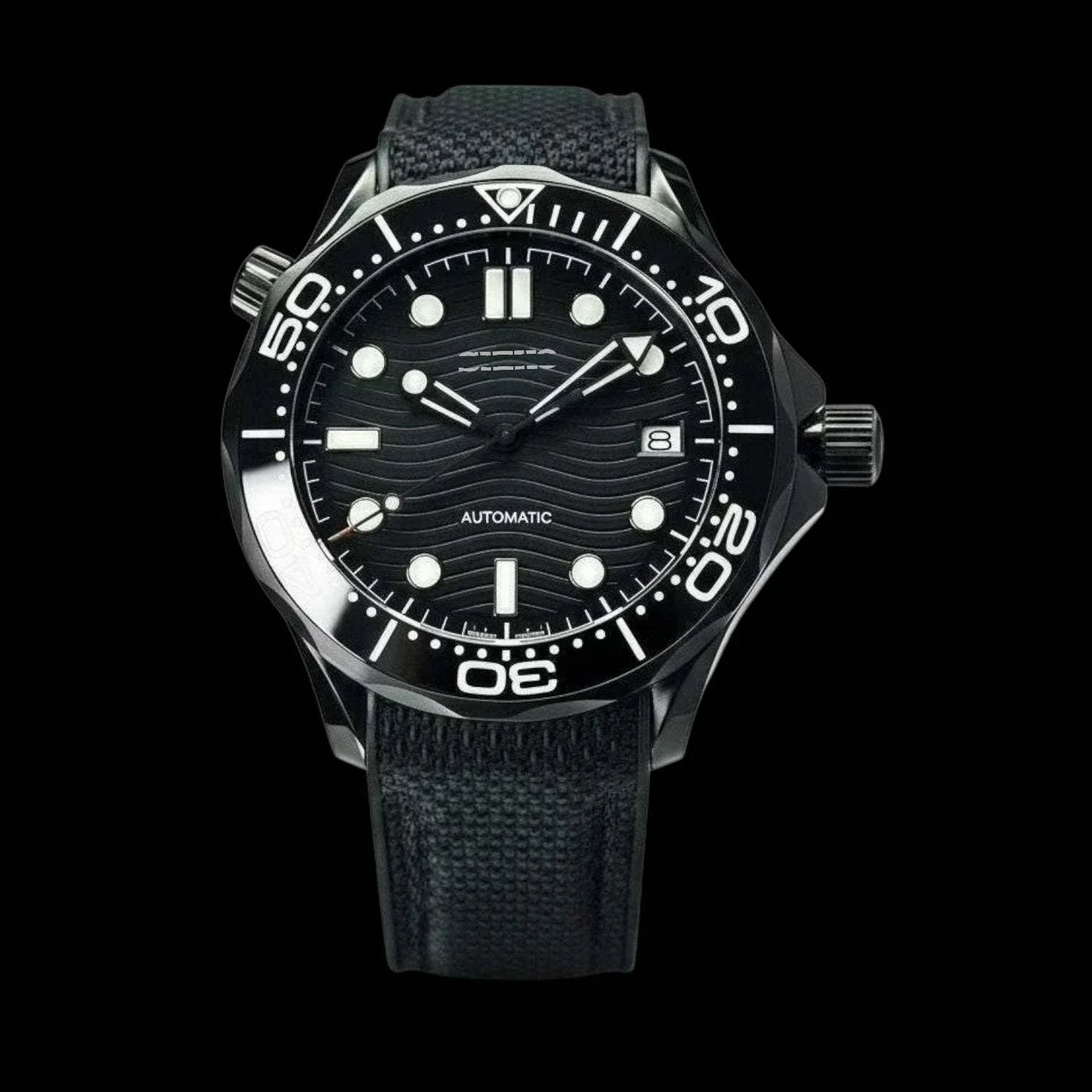Seiko mod stealth black dial 007 Master Homage luxury watch with rubber bracelet