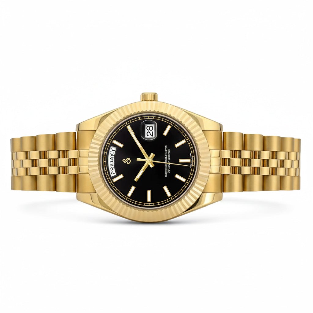 Seiko Modtime luxury day and date watch with black gold dial and sapphire crystal