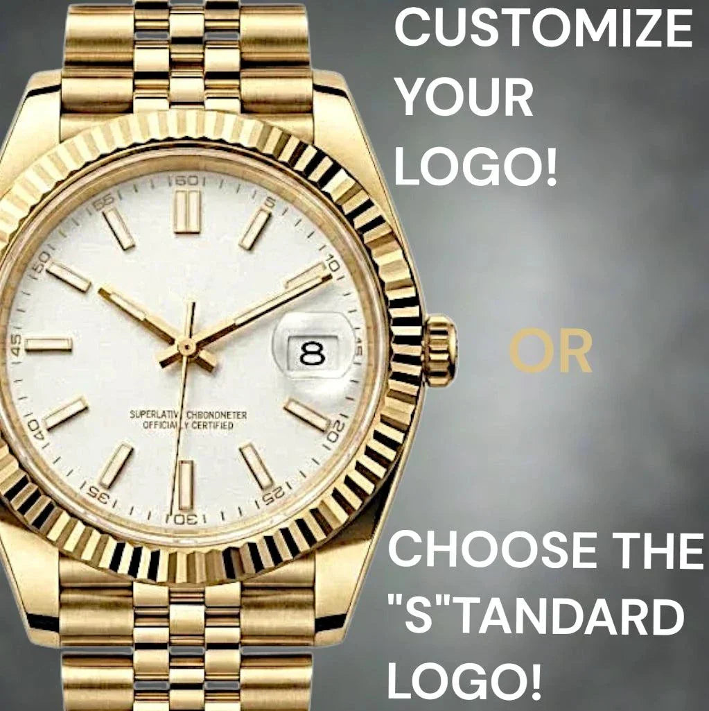 SeikJust Seiko Mod luxury watch with gold and white dial, date window, and stainless steel case