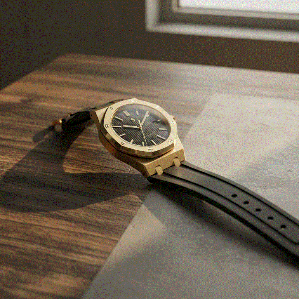 Gold Heritage Oak Seiko Mod watch with black dial and stainless steel case