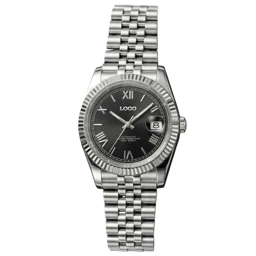 Seiko mod black dial watch with date window and Roman numerals by Modtime Creations