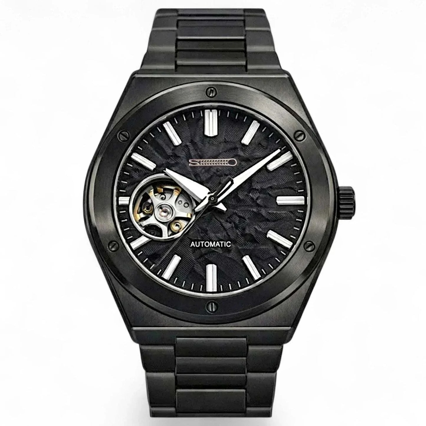 Midnight black Grand Seiko Mod watch with open-heart dial and stainless steel case by Modtime Creations