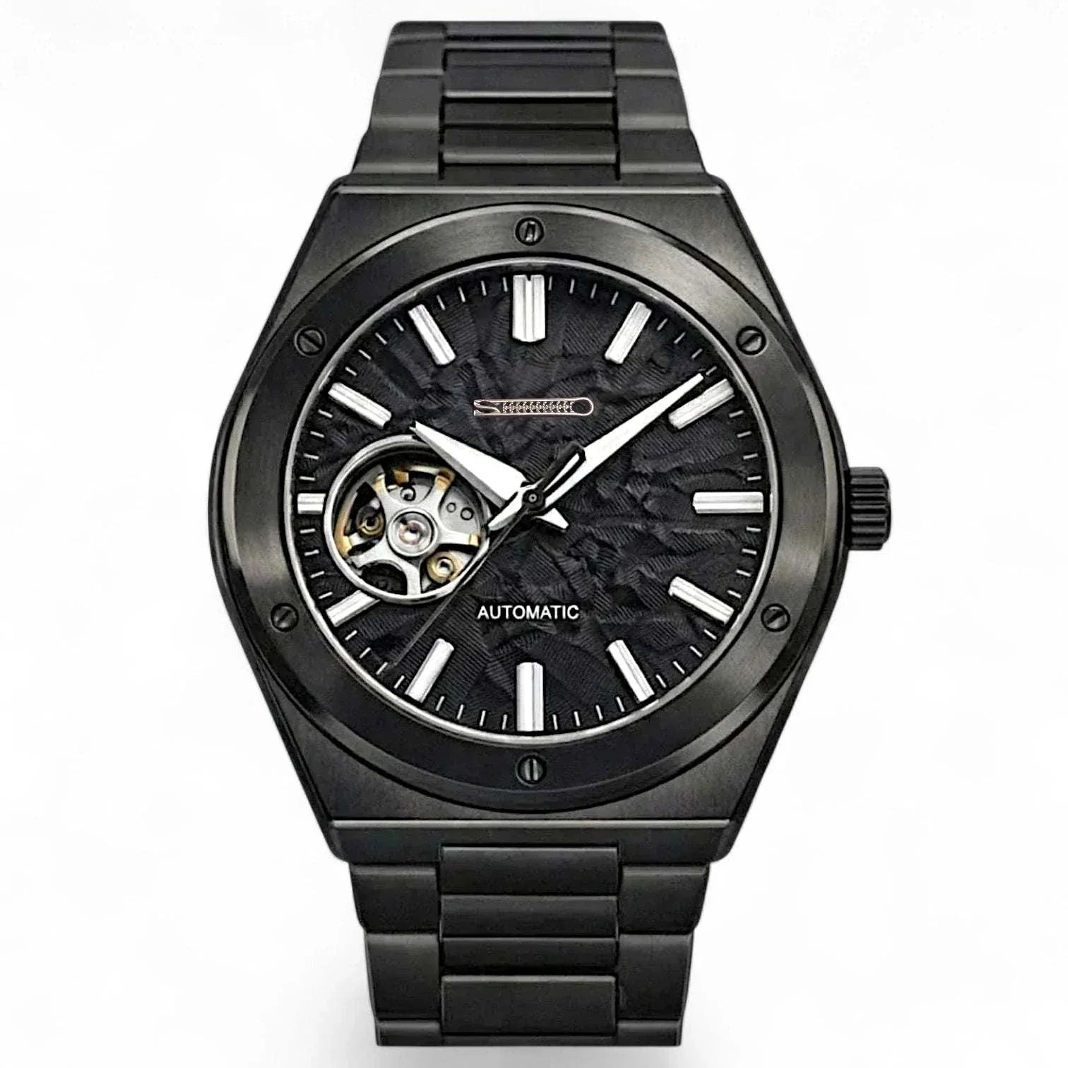 Midnight black Grand Seiko Mod watch with open-heart dial and stainless steel case by Modtime Creations