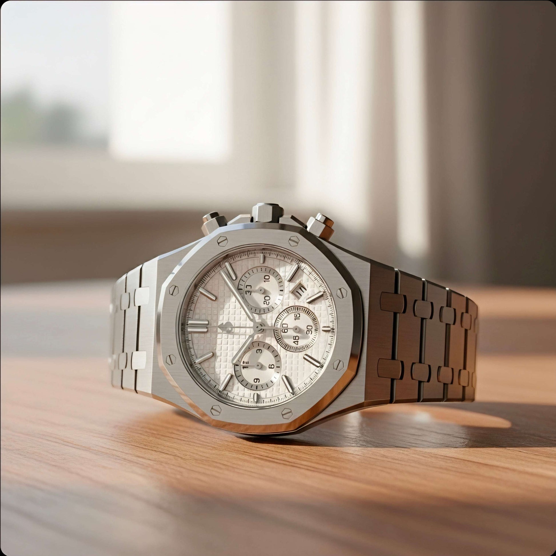 Modded Seiko Heritage Oak Chronograph with white dial and stainless steel bracelet