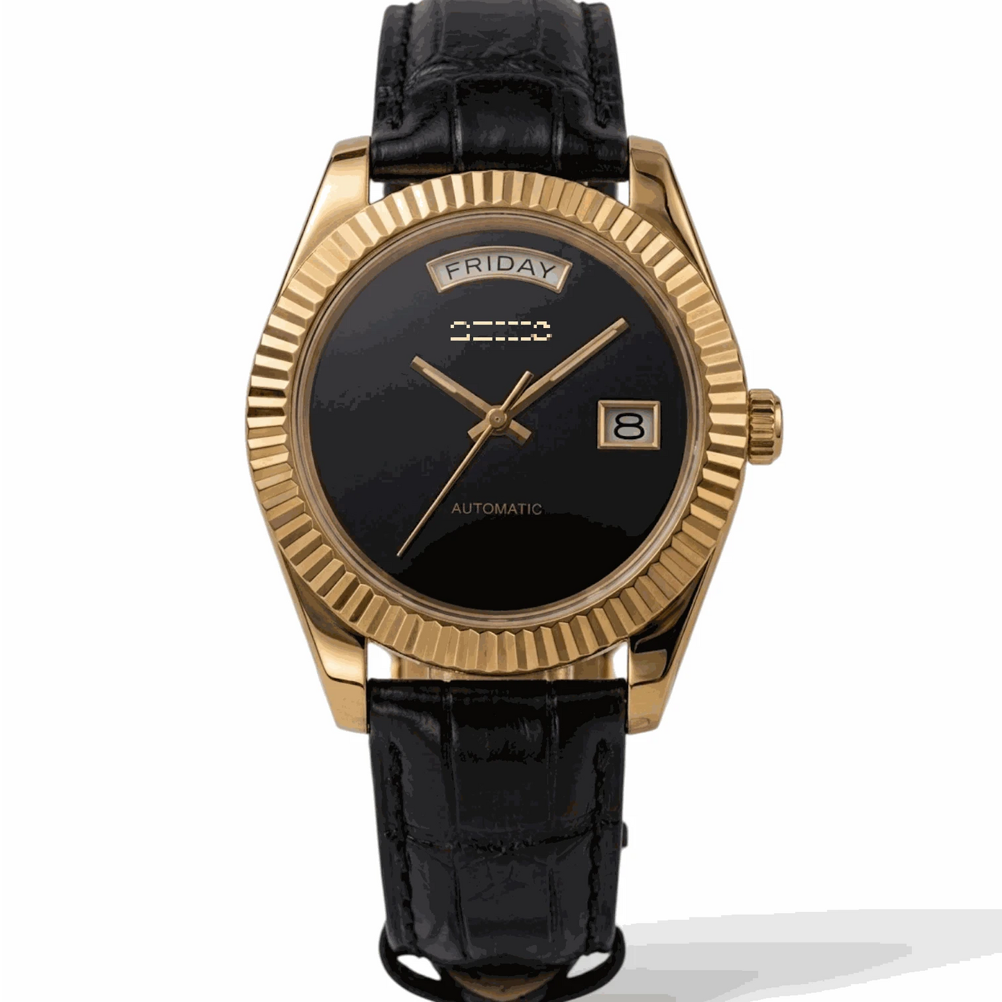 Modtime DayDate Seiko Mod luxury watch in black and gold with Miyota 8285 movement