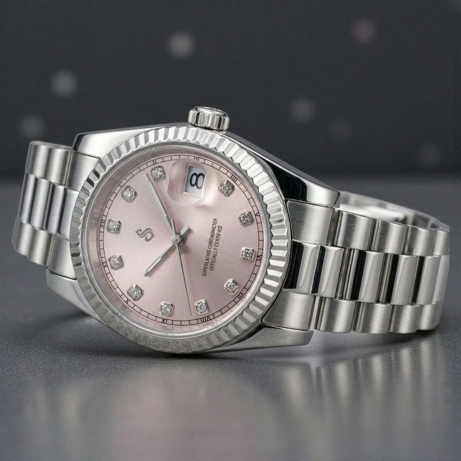 Seiko Modtime custom watch with pink gem dial and date window