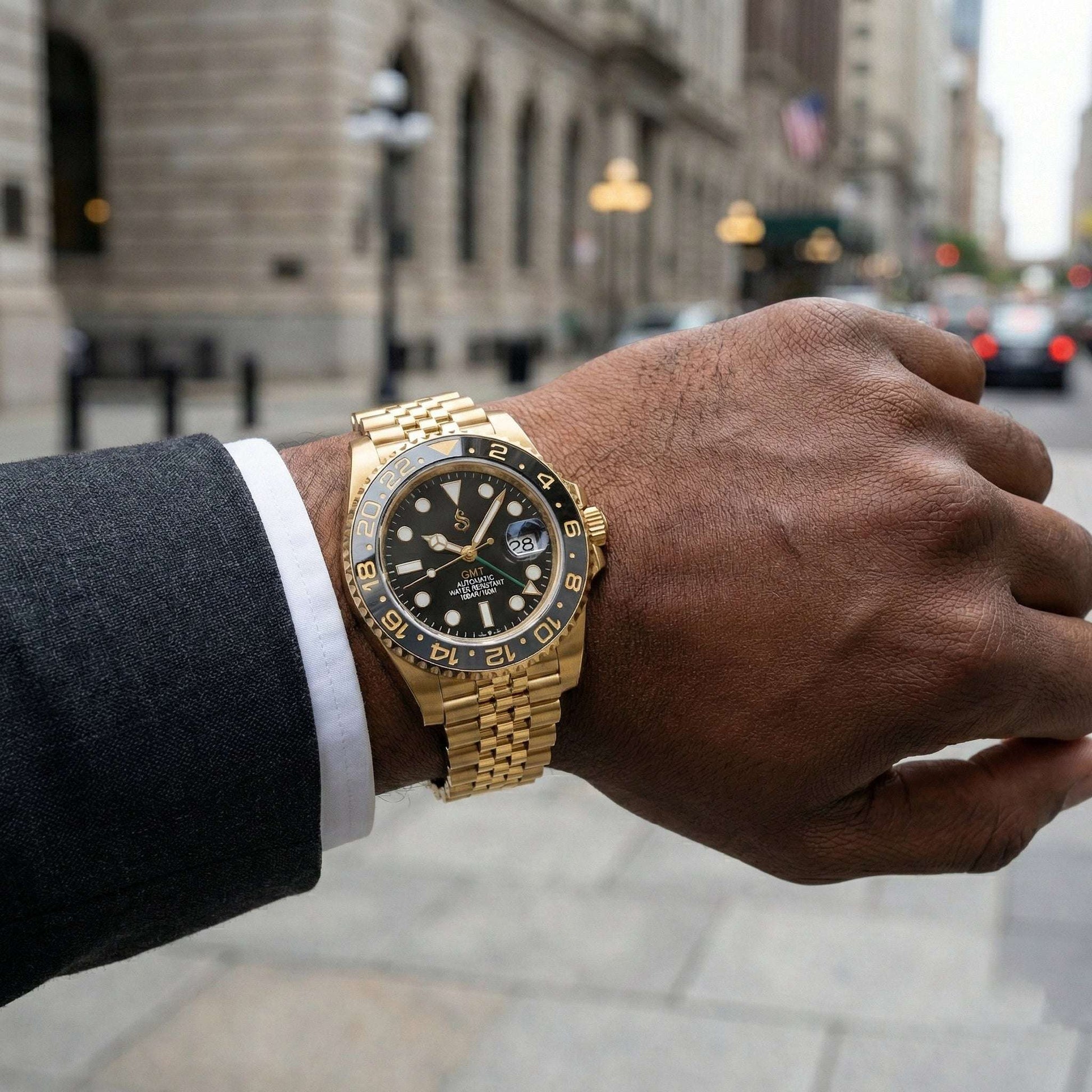 SeikMariner GMT Seiko Mod luxury watch with black dial, ceramic bezel, and stainless steel bracelet