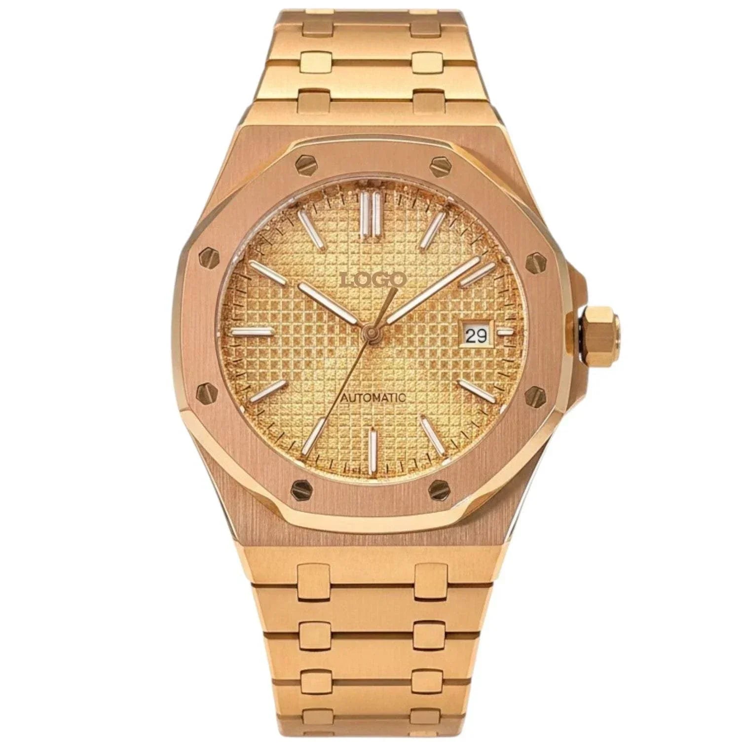 Seiko Mod Royal Oak Rose Gold custom watch with black dial and sapphire crystal