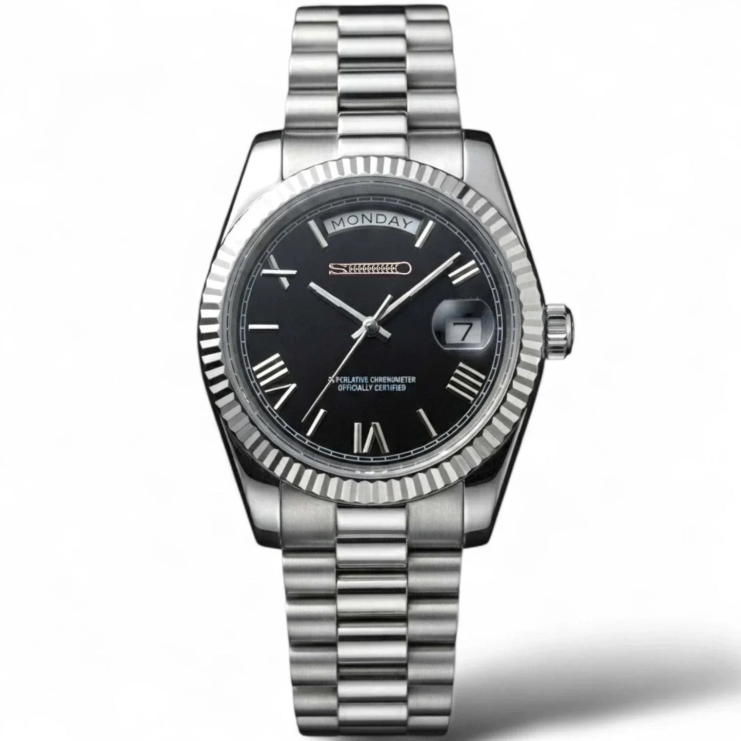 Modded Seiko Watches DayDate Black  Roman Numerals Dial with Silver Fluted Watch case built by Modtime Creations