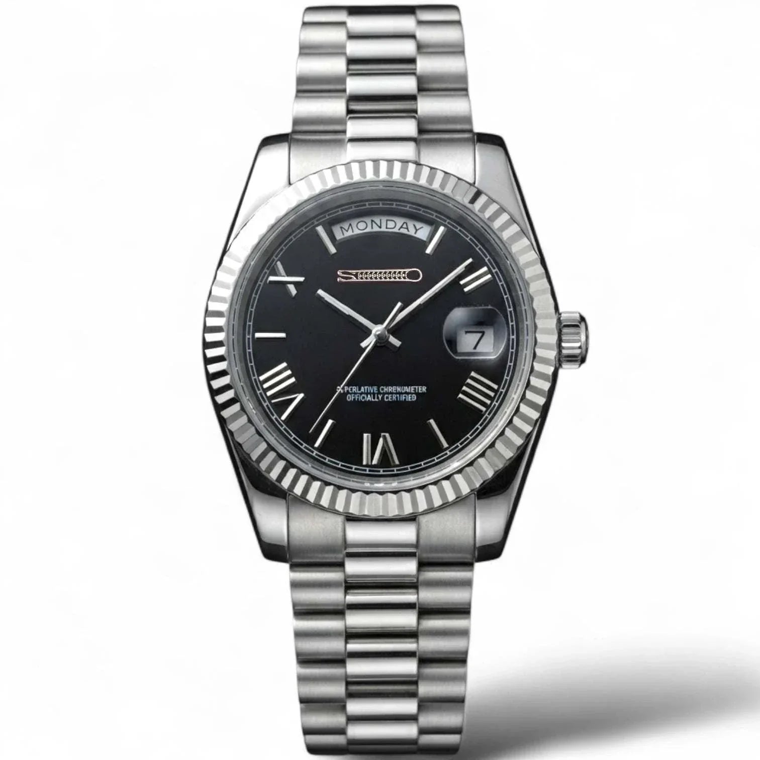 Modded Seiko Watches DayDate Black  Roman Numerals Dial with Silver Fluted Watch case built by Modtime Creations