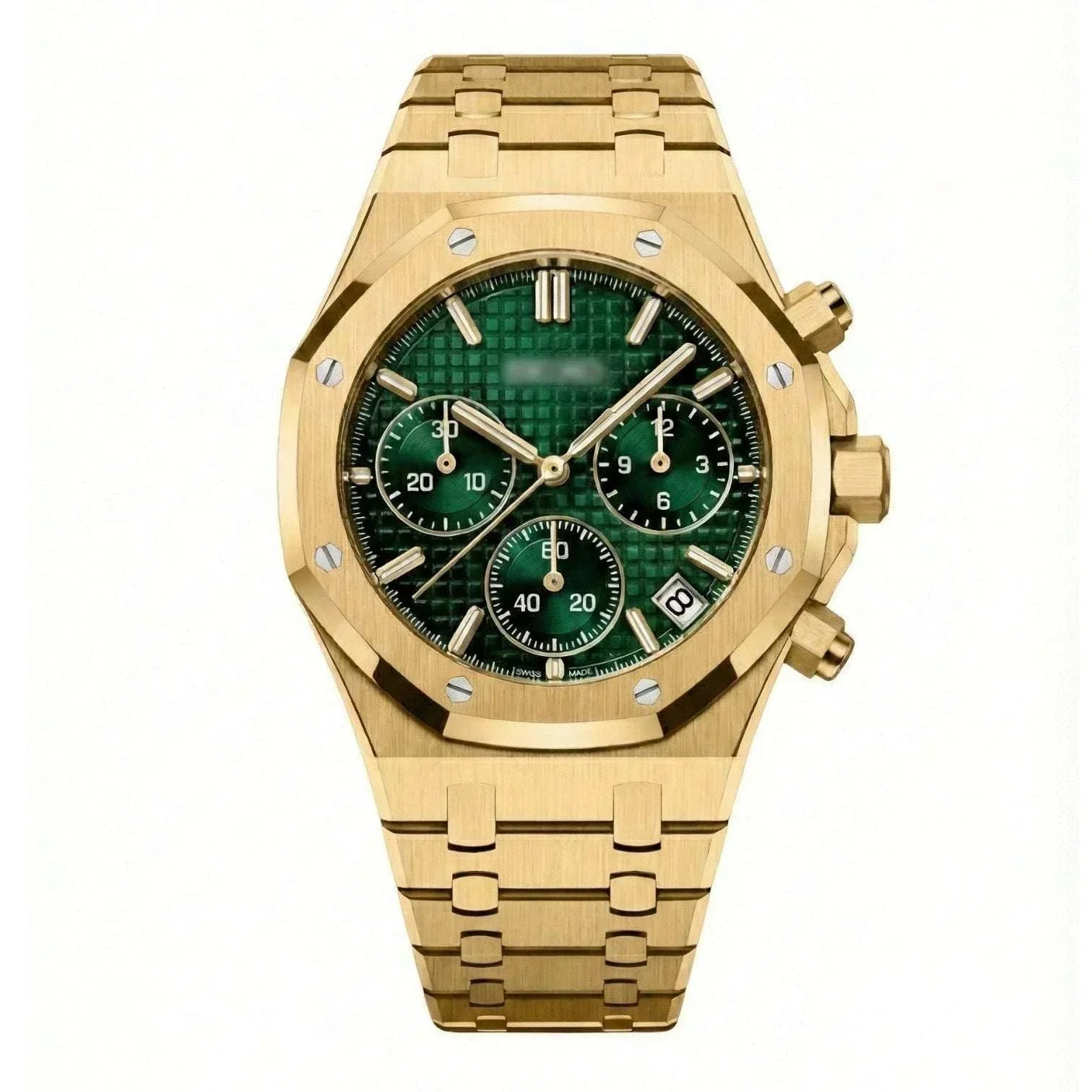 Modded Seiko Heritage Oak chronograph watch with green dial and stainless steel bracelet