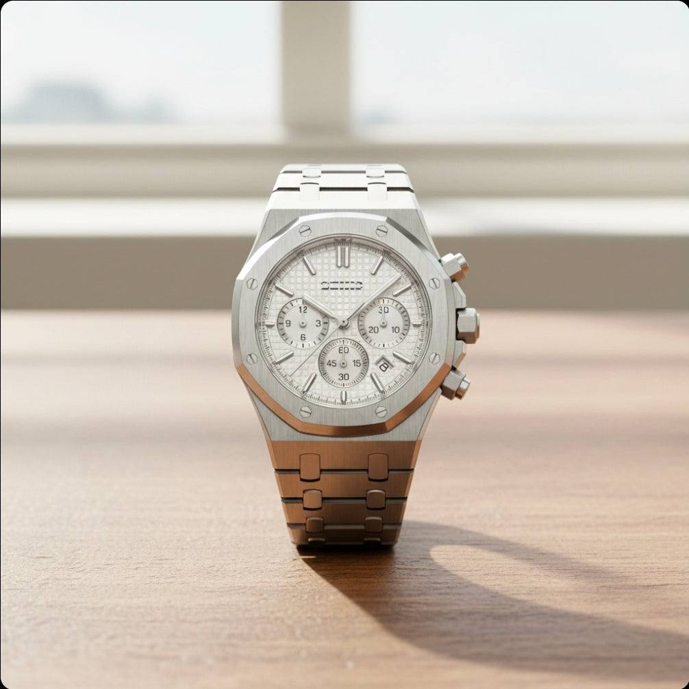 White dial Heritage Oak Modded Seiko chronograph wristwatch with stainless steel case and bracelet