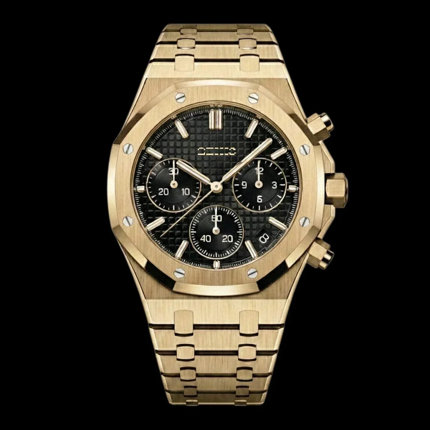 Heritage Oak Modded Seiko chronograph with black dial and stainless steel bracelet