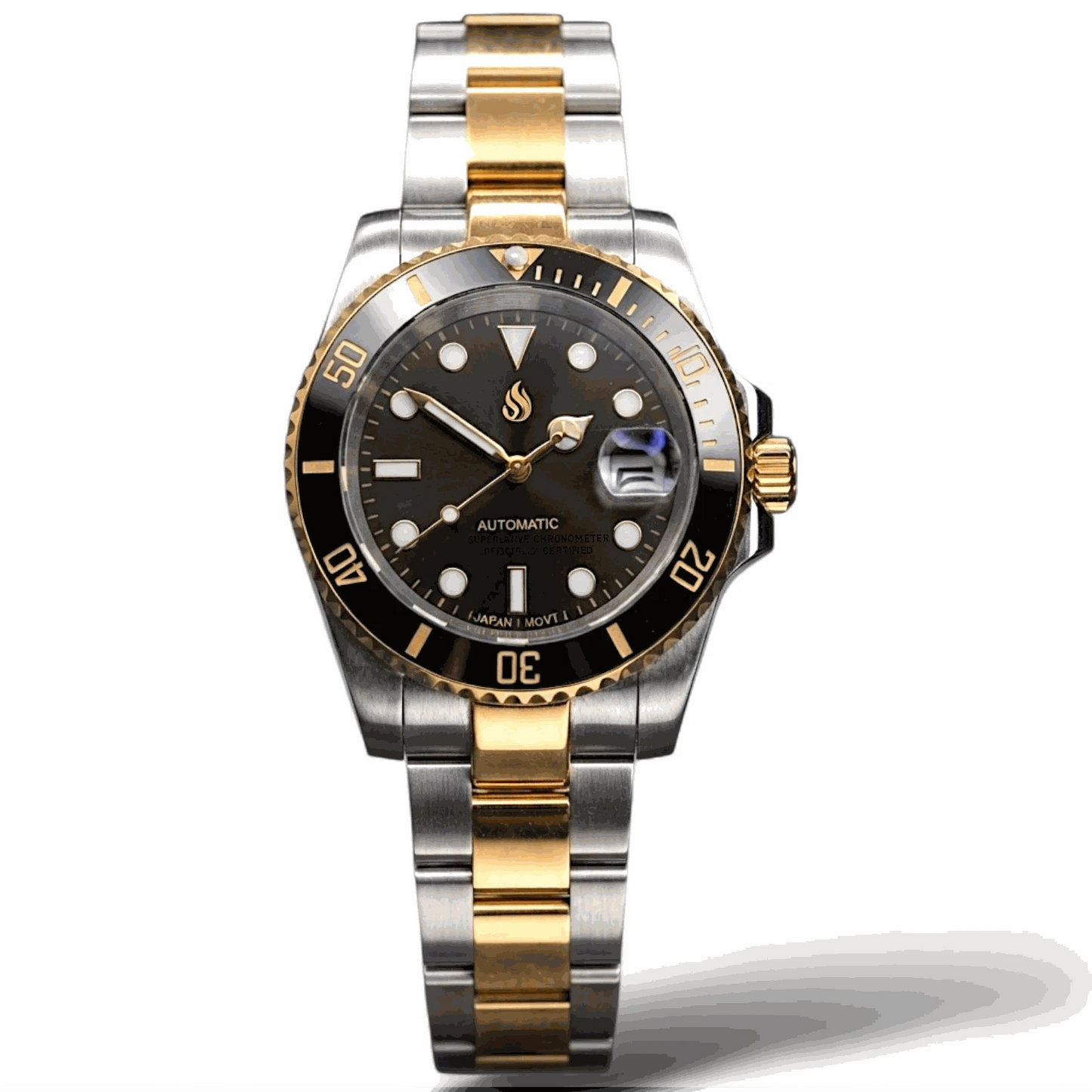 Seiko Mod Watches Submariner Black Gold two-tone diver watch with sapphire crystal and stainless steel case