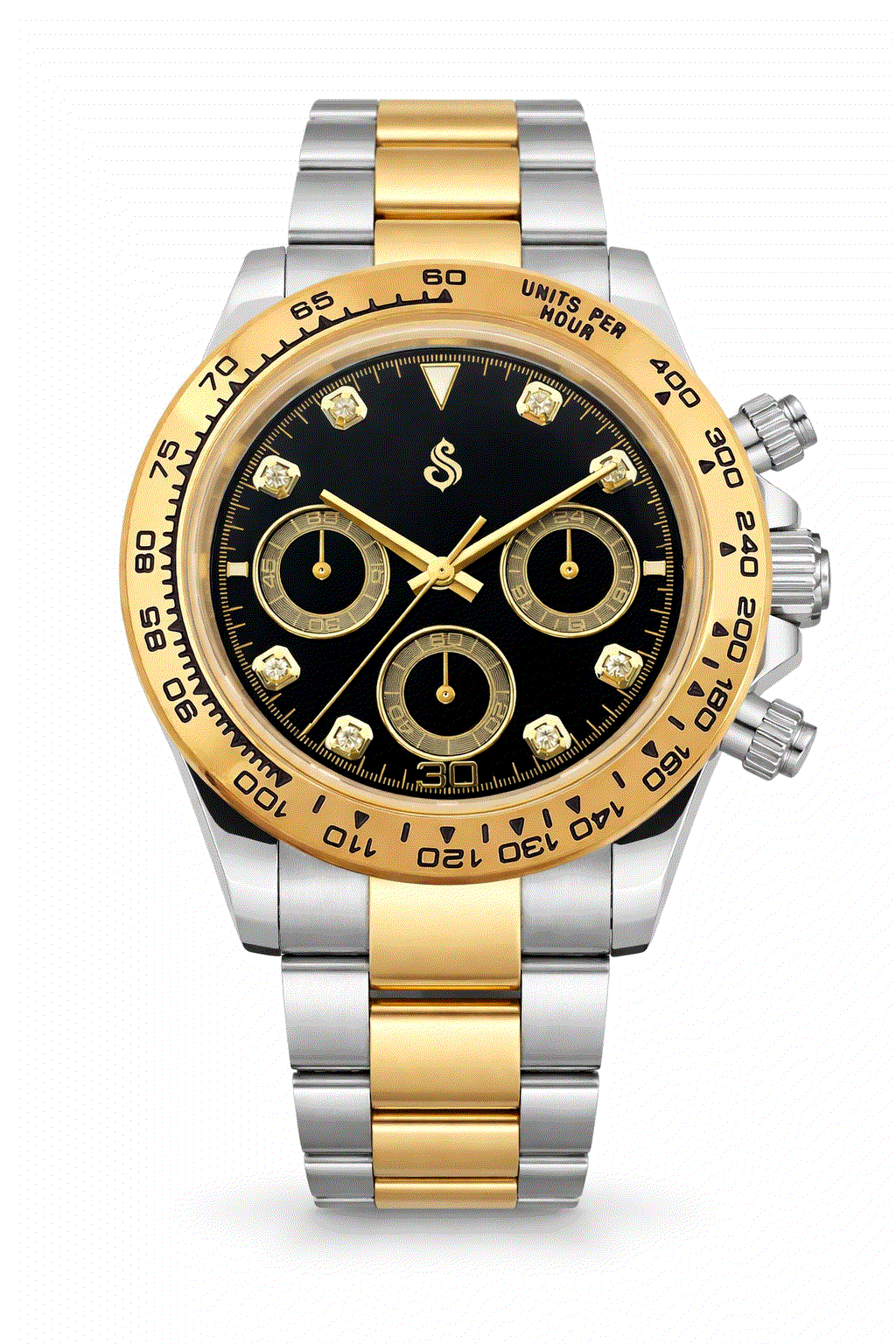 Seitona gold case Seiko mod luxury chronograph watch with black gold gem dial and sapphire crystal glass