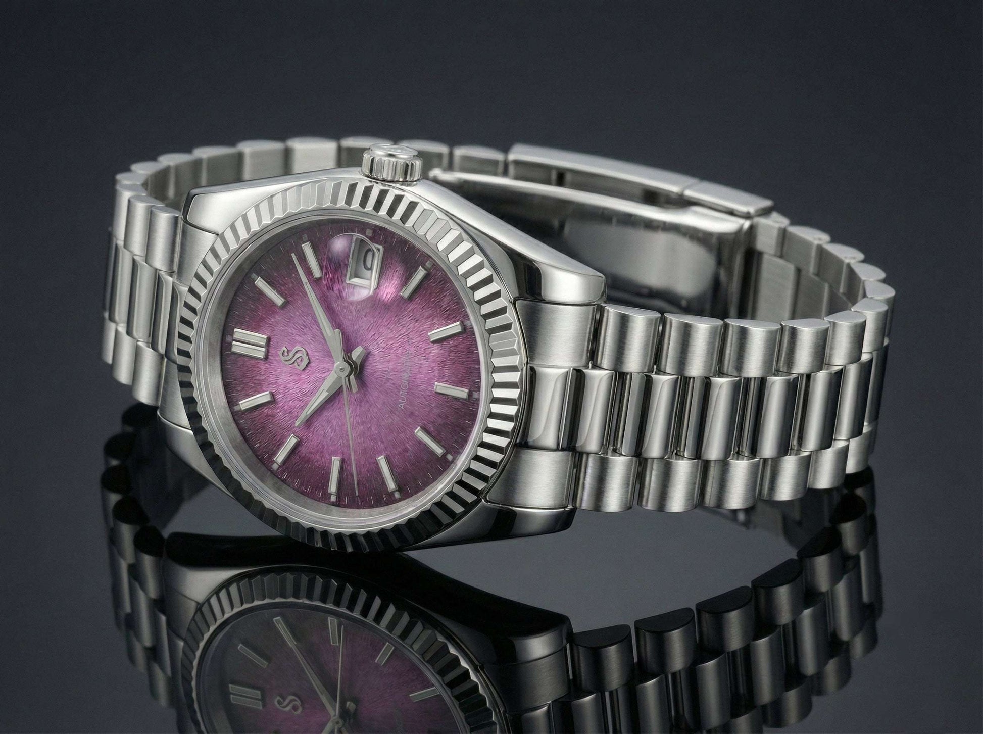 Seiko MOD luxury watch with textured grand purple dial and date window by Modtime Creations