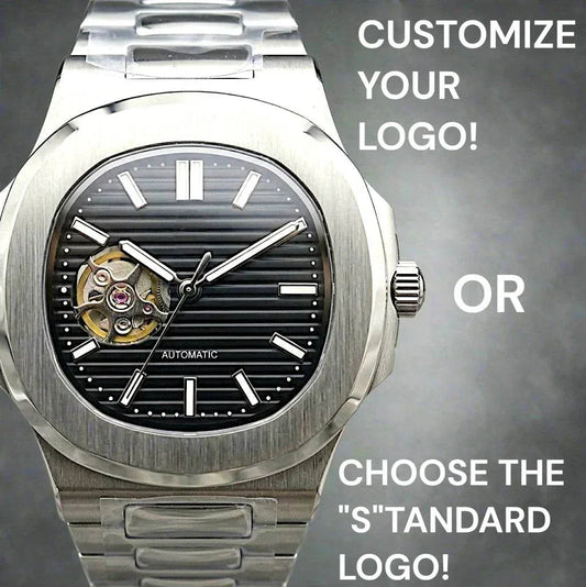 Seiko Mod Nautilus watch with open-heart black dial and stainless steel bracelet by Modtime Creations