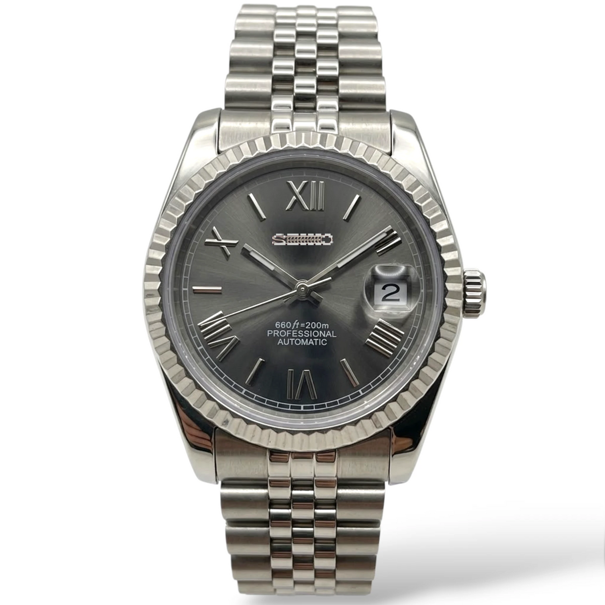 SeikJust Date Window Dark Grey Sunburst Dial Roman Numerals Mod Watch - Modtime Creations