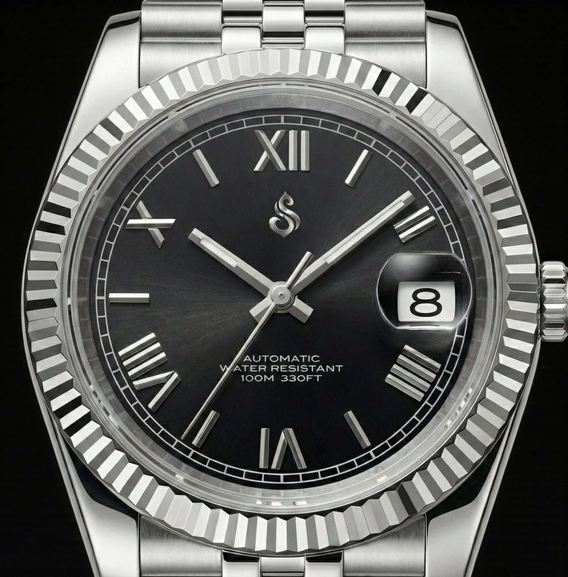 Seiko Mod SeikJust watch with black dial, Roman numerals, and date window by Modtime Creations