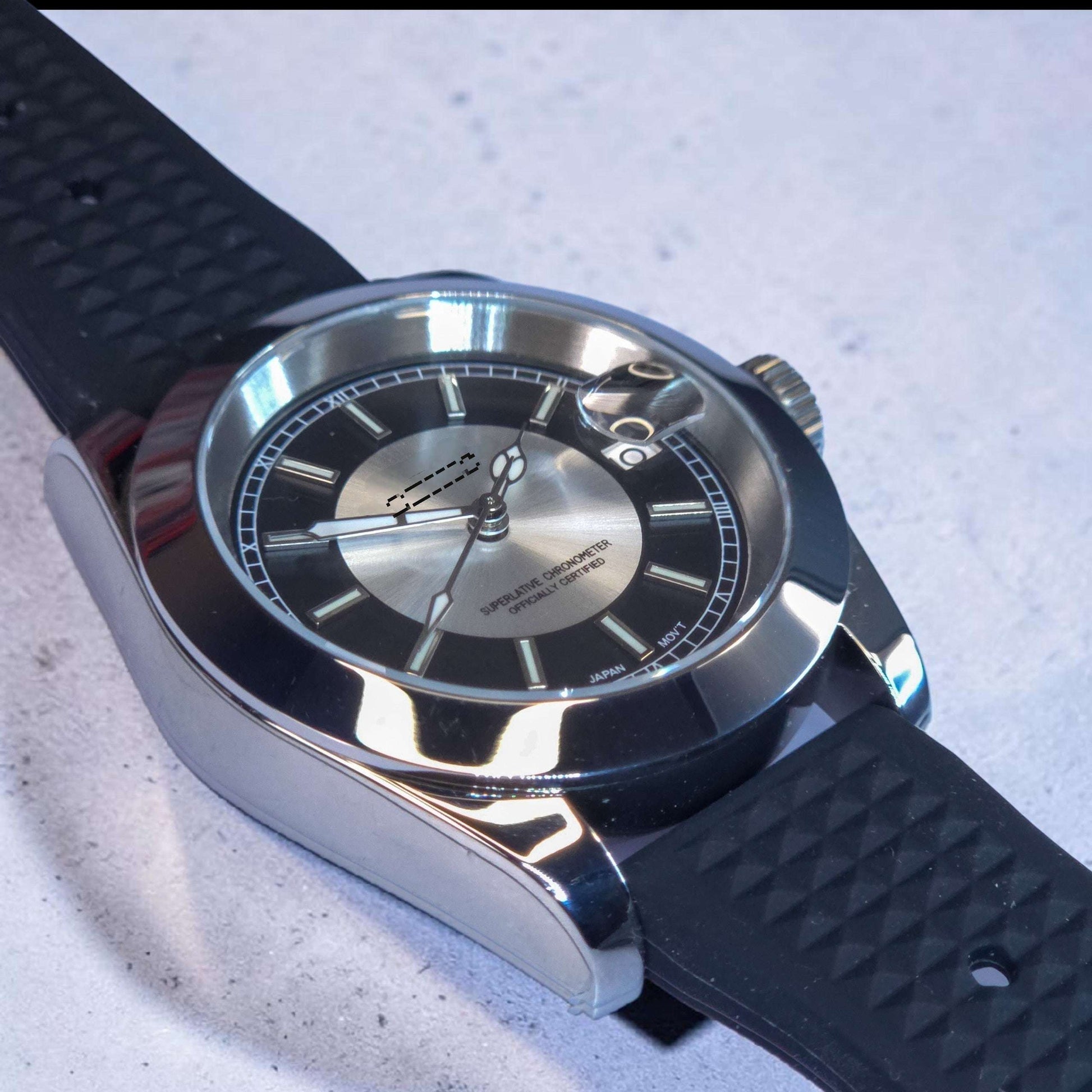 Seiko Mod Date Window Silver Black Dial - Modtime Creations with NH35 automatic movement by Modtime Creations
