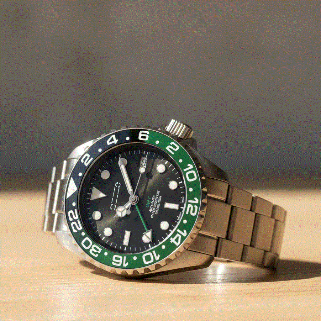 SeikMaster 42 MM SKX GMT Green Black "Sprite" diver watch with Japanese NH34 GMT movement and sapphire crystal, a premium Seiko Mod by Modtime Creations