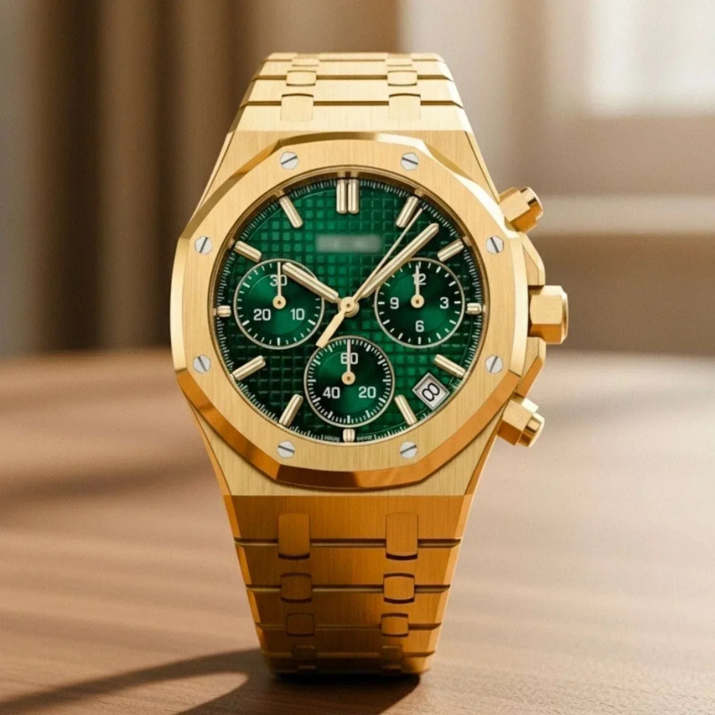Modded Seiko Heritage Oak chronograph with green dial and stainless steel bracelet